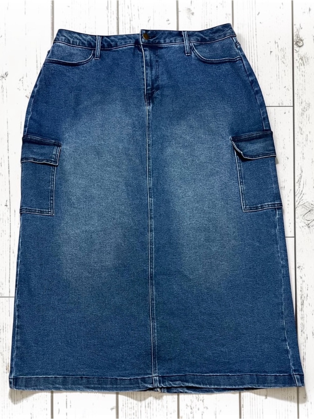 Y2K Cato Cargo Midi Denim Skirt 16W Cottagecore 37 x 35 Prairie Modest Stretch